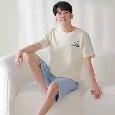 莫代尔 简约时尚卡通小熊舒适透气短袖休闲可外穿五分裤睡衣套装 男款 杏色