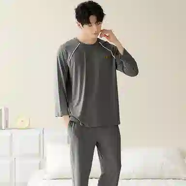 莫代尔 休闲居家韩系纯色舒适时尚透气亲肤套头圆领长袖上衣双口袋松紧带长裤可外穿男士睡衣套装 男款 灰色