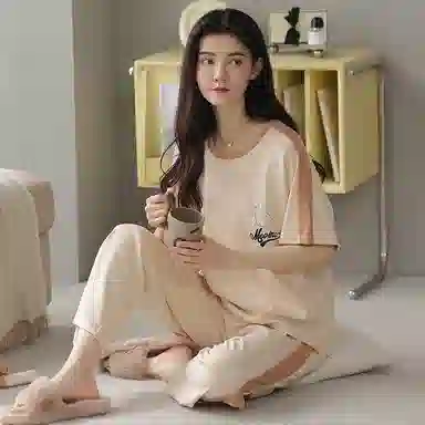 莫代尔 舒适亲肤圆领百搭轻柔短袖上衣家居服可外穿长裤睡衣套装 女款 杏色