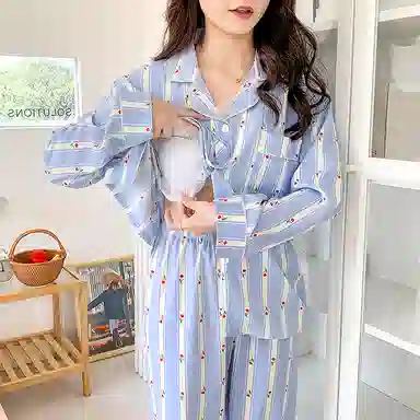 莫代尔 开衫翻领满印时尚甜美亲肤长袖长裤家居服可外穿睡衣套装 女款 浅蓝色