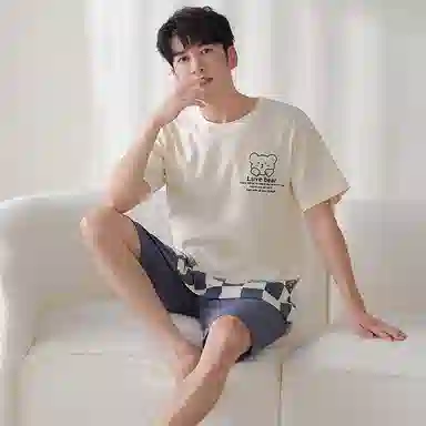 莫代尔 薄款韩版卡通小熊时尚亲肤透气短袖五分裤家居服可外穿睡衣套装 男款 杏色