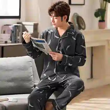 莫代尔 加大透气轻柔舒适翻领长袖长裤家居服睡衣套装 男 深灰色