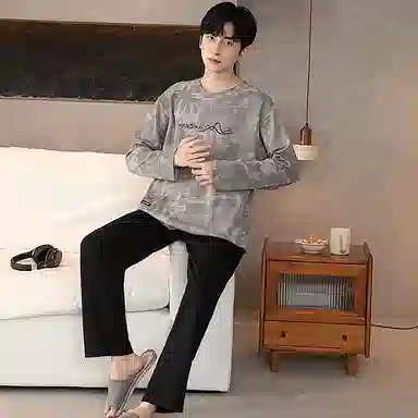 莫代尔 韩版时尚亲肤柔软透气舒适休闲居家可外穿圆领长袖长裤睡衣套装 男款 灰色