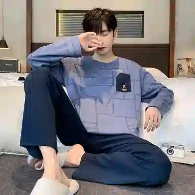 莫代尔 细腻耐磨舒适柔软亲肤透气微弹长袖松紧裤腰不勒腹长裤可居家休闲可外穿睡衣套装 男款 蓝色