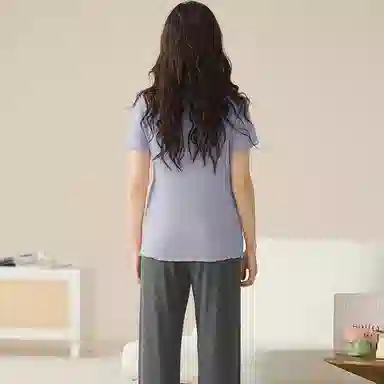 莫代尔 可外穿柔软休闲透气舒适清新简约时尚短袖长裤居家服睡衣套装 女款 天蓝色