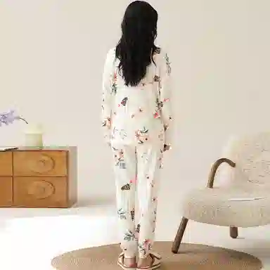 莫代尔 柔软透气吸湿排汗轻盈微弹亲肤耐磨舒适长袖长裤居家休闲可外穿睡衣套装 女款 杏色