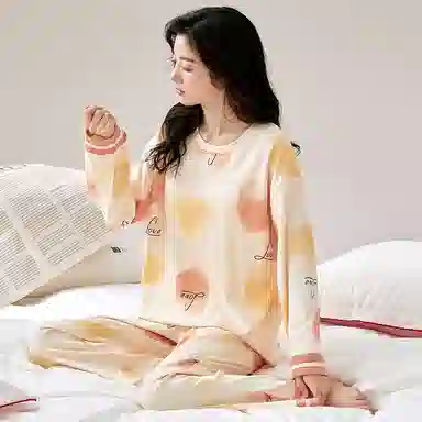 莫代尔 舒适柔软高透气亲肤长袖弹力裤腰不勒腹长裤可居家休闲外穿睡衣套装 女款 杏色