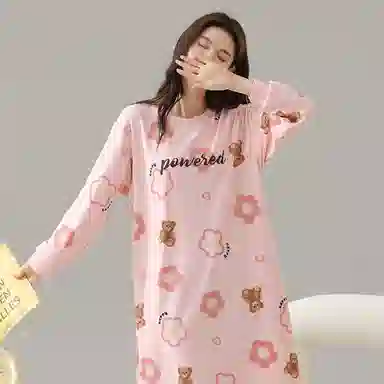 莫代尔 纯棉透气轻盈耐磨亲肤微弹吸湿排汗柔软细腻舒适可居家休闲可外穿长袖睡裙 女款 淡粉色