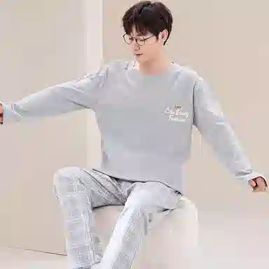 莫代尔 舒适透气纯棉柔软亲肤细腻宽松微弹耐磨吸湿排汗开衫长袖松紧裤腰可居家休闲可外穿长裤睡衣套装 男款 银色