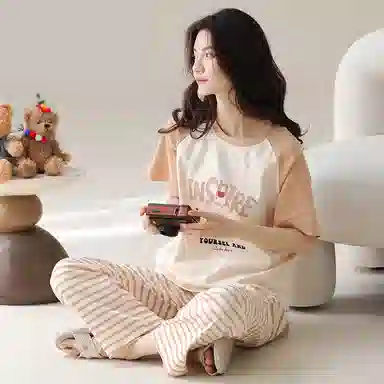 莫代尔 舒适简约柔软亲肤圆领短袖上衣家居服可外穿长裤睡衣套装 女款 桔色