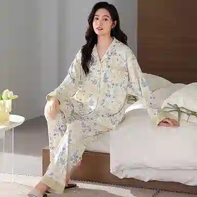 莫代尔 小清新时尚亲肤透气细腻柔软舒适开衫翻领长袖可外穿春秋季睡衣套装 女款 杏色