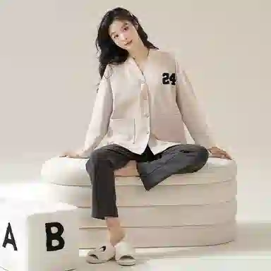 莫代尔 厚款细腻软糯舒适耐磨亲肤开衫长袖不勒腹长裤可居家休闲可外穿睡衣套装 女款 杏色