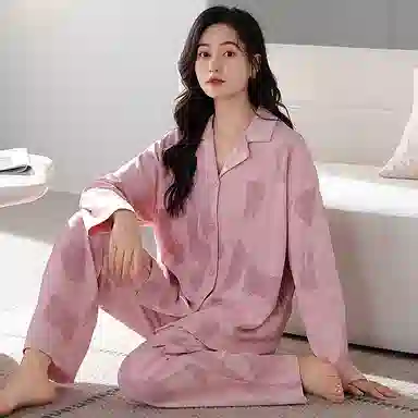 莫代尔 小清新气质时尚亲肤透气细腻柔软舒适轻盈翻领长袖长裤可外穿睡衣套装 女款 粉红色
