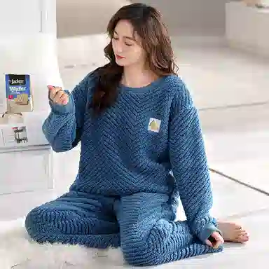 莫代尔 保暖储温轻柔舒适亲肤可外穿长袖长裤睡衣套装 女款 藏青色