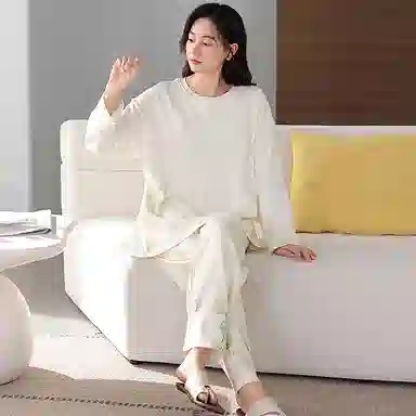 莫代尔 韩版小清新长袖长裤简约柔软亲肤舒适轻盈透气居家可外穿睡衣套装 女款 白色