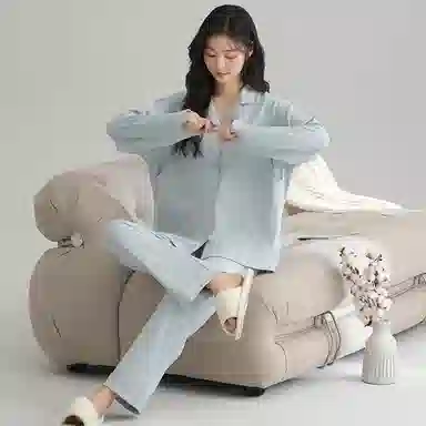 莫代尔 亲肤舒适开衫翻领隐蔽哺乳口长袖可调节裤腰长裤孕妇月子服素色睡衣套装 女款 浅蓝色