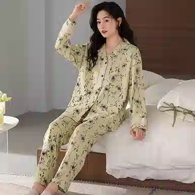 莫代尔 亲肤透气柔软舒适开衫长袖长裤睡衣套装 女款 抹茶色