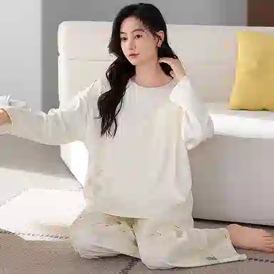 莫代尔 韩版小清新长袖长裤简约柔软亲肤舒适轻盈透气居家可外穿睡衣套装 女款 白色