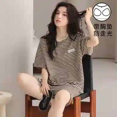 莫代尔 时尚亲肤透气百搭圆领舒适柔软细腻带胸垫防凸点短袖家居服可外穿睡衣套装 女款 黑白色