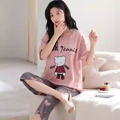 莫代尔 字母小熊印花舒适圆领上衣蝴蝶结七分裤睡衣套装 女款 粉色