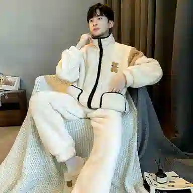 莫代尔 舒适保暖韩版时尚卡通可外穿休闲简约睡衣套装 男款 杏色