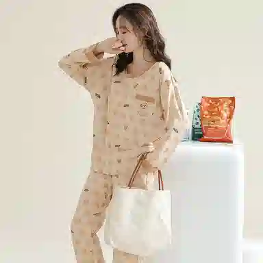 莫代尔 纯棉轻盈吸湿排汗舒适透气亲肤细腻柔软耐磨微弹带胸垫长袖长裤居家休闲可外穿秋冬季睡衣套装 女款 杏色