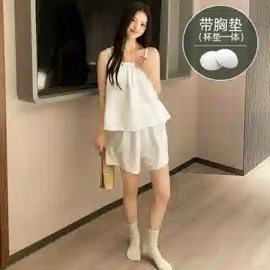 莫代尔 休闲舒适轻盈透气带胸垫防凸点无袖短裤夏季睡衣套装 女款 白色