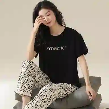 莫代尔 时尚宽松百搭圆领套头轻盈透气休闲不易起球短袖长裤可外穿夏季睡衣套装 女款 黑色