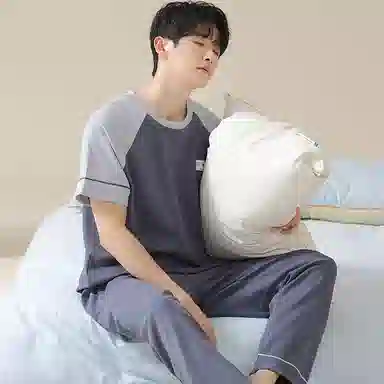 莫代尔 时尚纯色韩系舒适透气亲肤圆领套头短袖上衣双口袋松紧带长裤居家休闲可外穿睡衣套装 男款 图片色