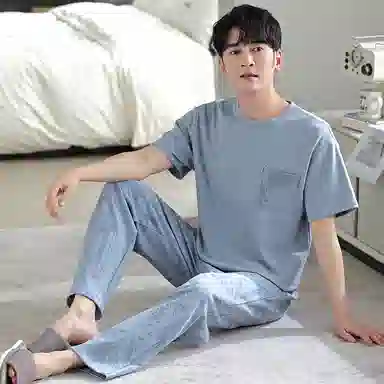 莫代尔 柔软舒适亲肤透气微弹耐磨吸湿排汗短袖松紧裤腰不勒腹长裤可居家休闲可外穿睡衣套装 男款 粉蓝色