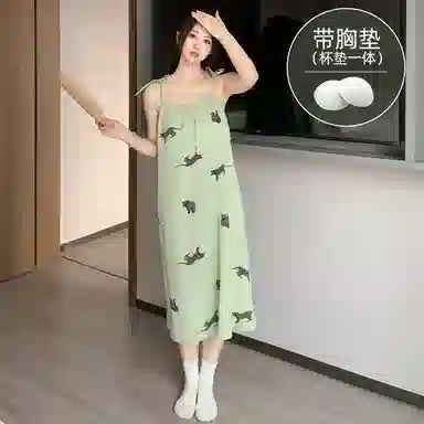 莫代尔 休闲舒适清新时尚亲肤细腻带胸垫防凸点无束缚无袖吊带可外穿家居睡裙 女款 绿色