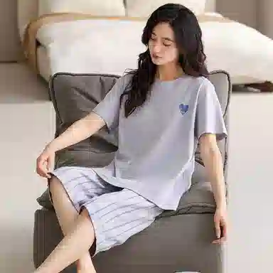 莫代尔 时尚亲肤气质百搭圆领套头舒适宽松柔软透气短袖七分裤可外穿夏季睡衣套装 女款 浅紫色