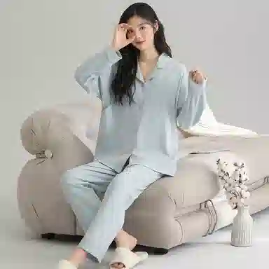 莫代尔 亲肤舒适开衫翻领隐蔽哺乳口长袖可调节裤腰长裤孕妇月子服素色睡衣套装 女款 浅蓝色