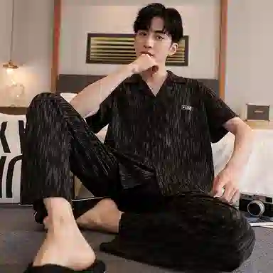 莫代尔 舒适轻柔细腻翻领百搭短袖上衣可外穿家居服长裤睡衣套装 男款 黑色