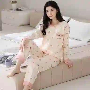 莫代尔 时尚印花清新满印舒适纯棉纯色亲肤套头松紧带长袖长裤居家休闲可外穿睡衣套装 女款 杏色