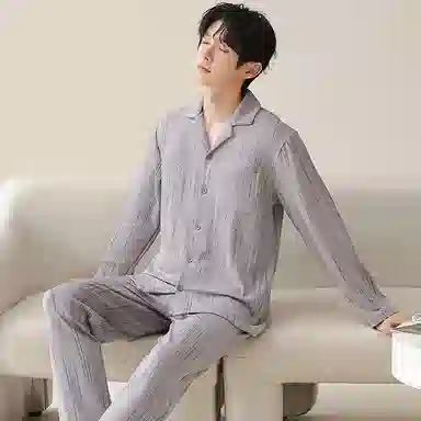 莫代尔 亲肤柔软舒适微弹透气耐磨开衫长袖弹力裤腰不勒腹可居家休闲长裤可外穿睡衣套装 男款 银色