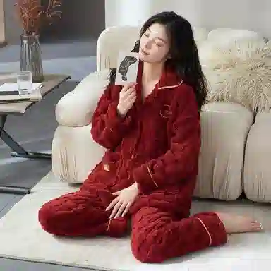 莫代尔 保暖亲肤舒适蓄热透气简约时尚家居服长袖长裤可外穿不臃肿开衫睡衣套装 男女同款 红色