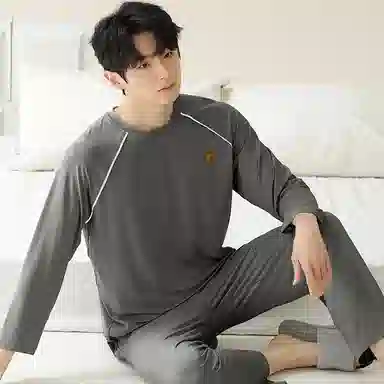莫代尔 休闲居家韩系纯色舒适时尚透气亲肤套头圆领长袖上衣双口袋松紧带长裤可外穿男士睡衣套装 男款 灰色