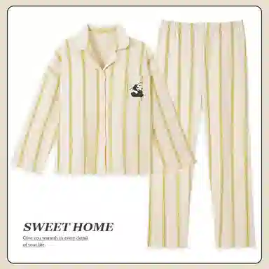 莫代尔 带胸垫防凸点舒适亲肤简约条纹时尚卡通翻领家居服可外穿睡衣套装 女款 杏色