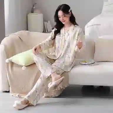 莫代尔 小清新透气亲肤开衫长袖长裤居家服可外穿睡衣套装 女款 杏色