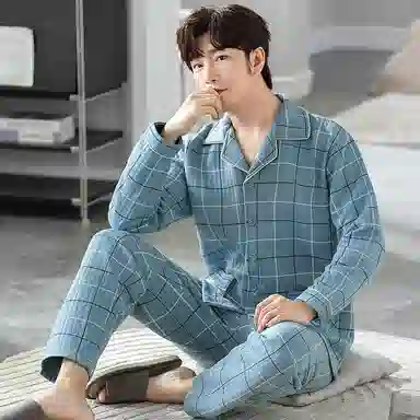 莫代尔 柔软不臃肿亲肤蓄热防寒长袖长裤秋冬季睡衣套装 男款 青色