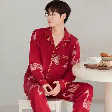 莫代尔 简约亲肤舒适时尚开衫长袖长裤家居服可外穿睡衣套装 男女同款 红色