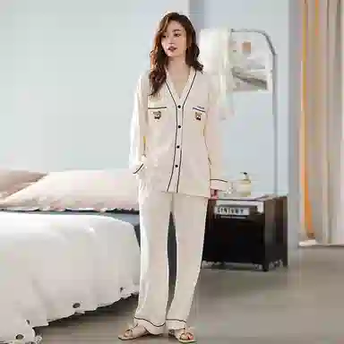 莫代尔 纯棉细腻纽扣不伤手舒适亲肤柔软透气微弹开衫长袖松紧裤腰不勒腹长裤居家休闲可外穿睡衣套装 女款 杏色