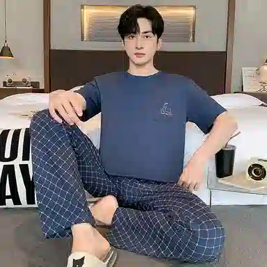 莫代尔 舒适透气简约圆领百搭短袖上衣可外穿居家服长裤睡衣套装 男款 深蓝色