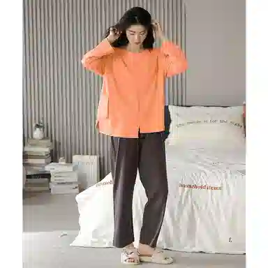 莫代尔 亲肤舒适套头圆领长袖长裤家居服可外穿睡衣套装 女款 桔红色