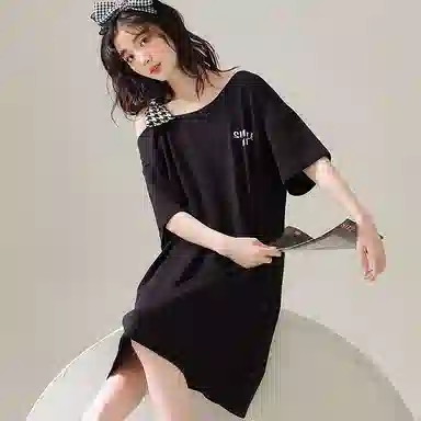 莫代尔 舒适轻柔细腻圆领百搭亲肤透气短袖睡裙 女款 黑色