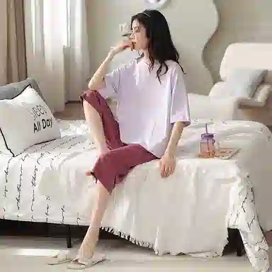 莫代尔 韩版舒适透气百搭圆领套头时尚睡衣套装 女款 紫色