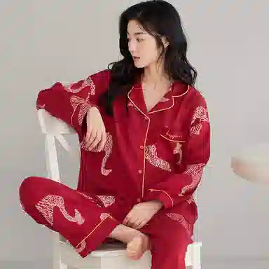 莫代尔 简约亲肤舒适时尚开衫长袖长裤家居服可外穿睡衣套装 男女同款 红色