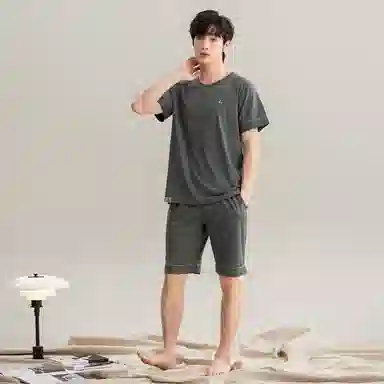 莫代尔 薄款抗菌防螨套头短袖五分裤家居服可外穿舒适简约睡衣套装 男款 橄榄绿