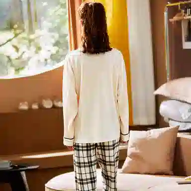 莫代尔 舒适柔软透气小熊印花亲肤长袖弹力裤腰不勒腹长裤可居家休闲外穿睡衣套装 女款 杏色